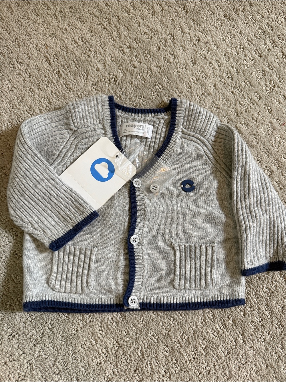 Mayoral Baby Boy Grey Knit Cardigan with Navy Trim